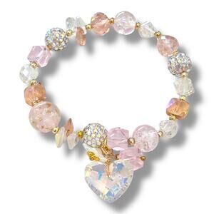 Pink Swarovski Beaded Heart Charm Bracelet